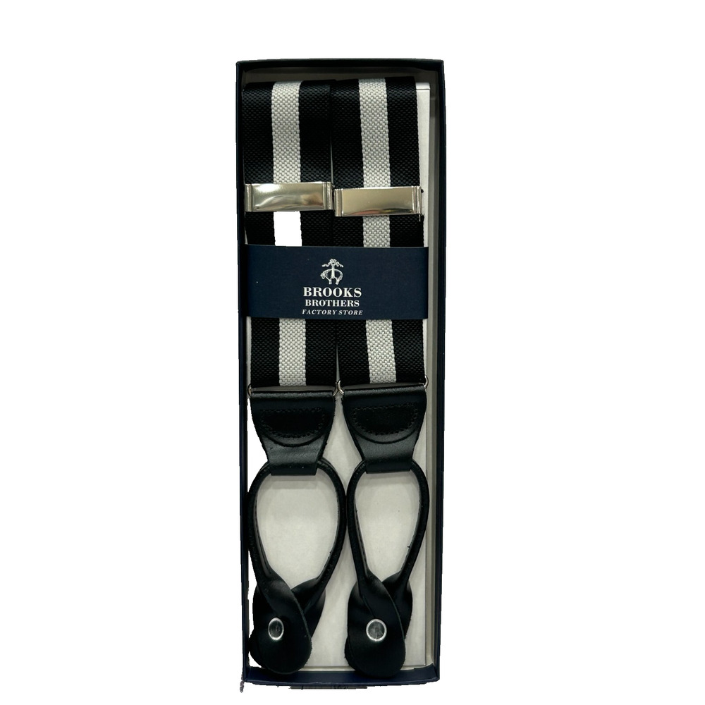 NEW Brooks Brothers Mens Black & Gray Striped Button End Suspenders Leather Trim